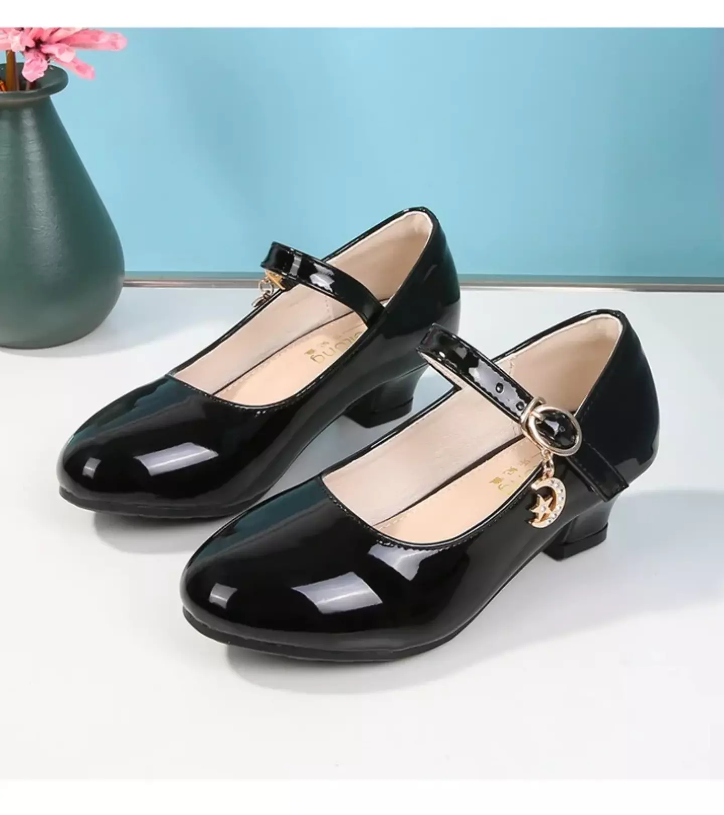 Girls Black Crescent Moon Charm Block Heel Mary Janes | Lucys 11204