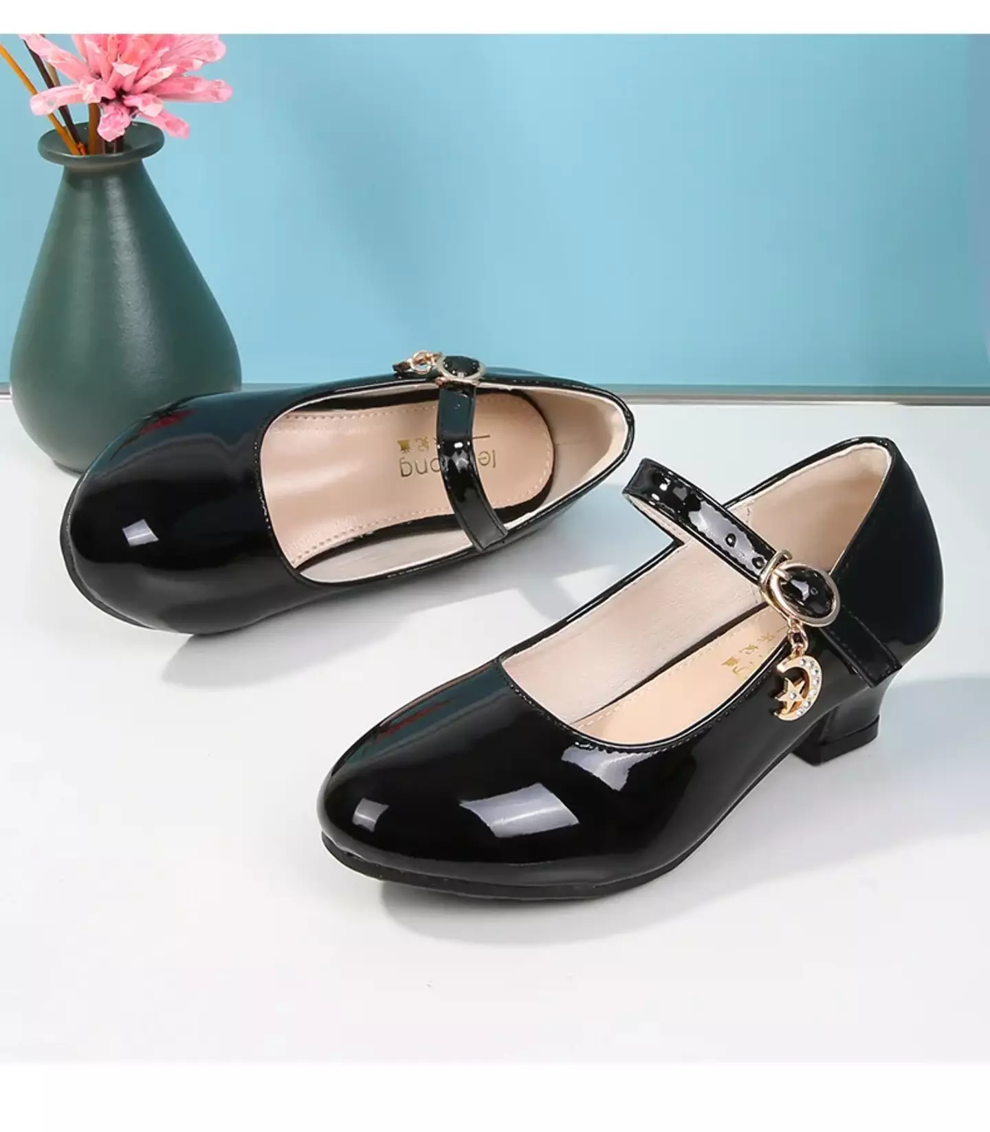 Girls Black Crescent Moon Charm Block Heel Mary Janes | Lucys 11204