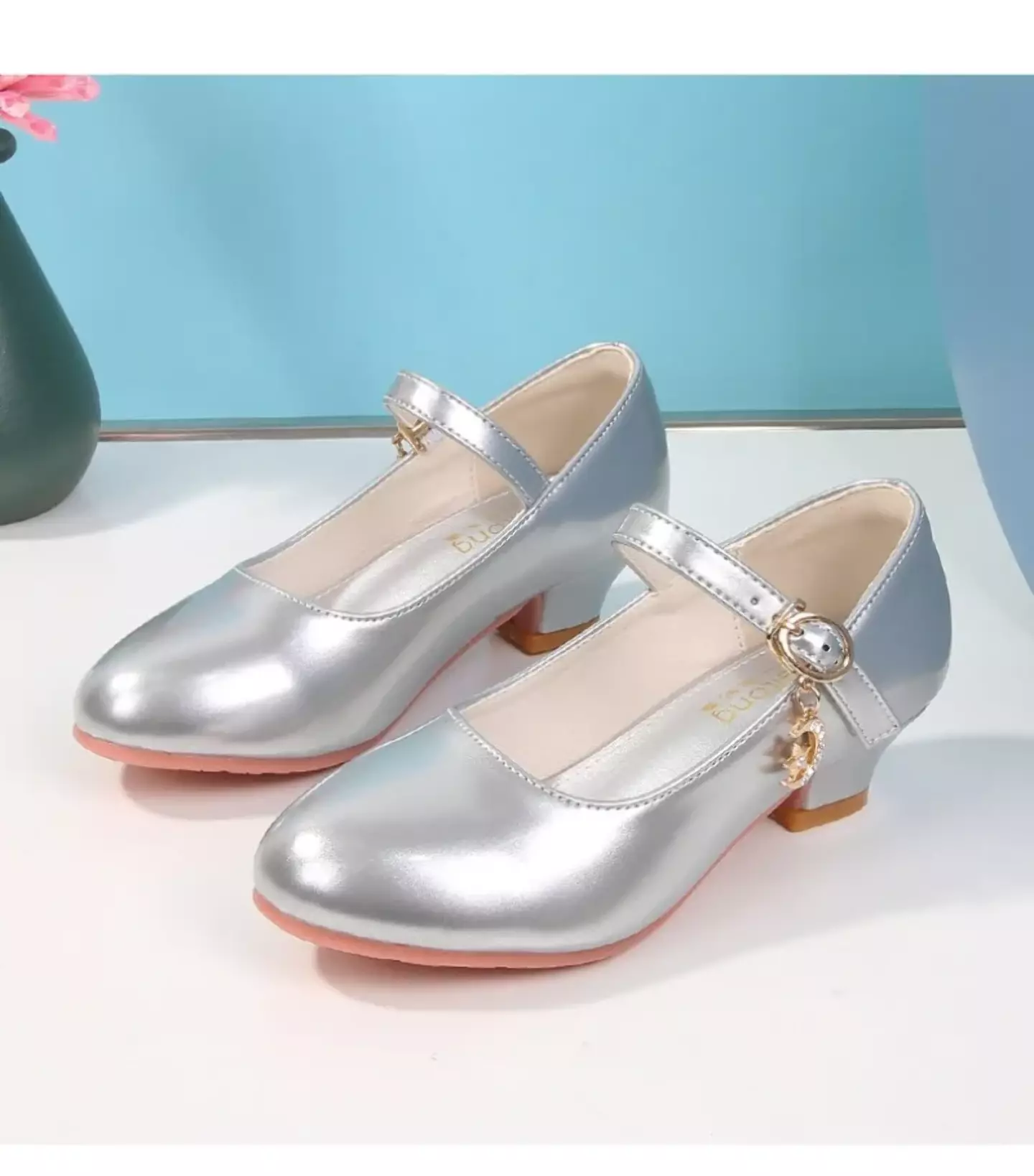 Girls Silver Crescent Moon Charm Block Heel Mary Janes | Lucys 11208