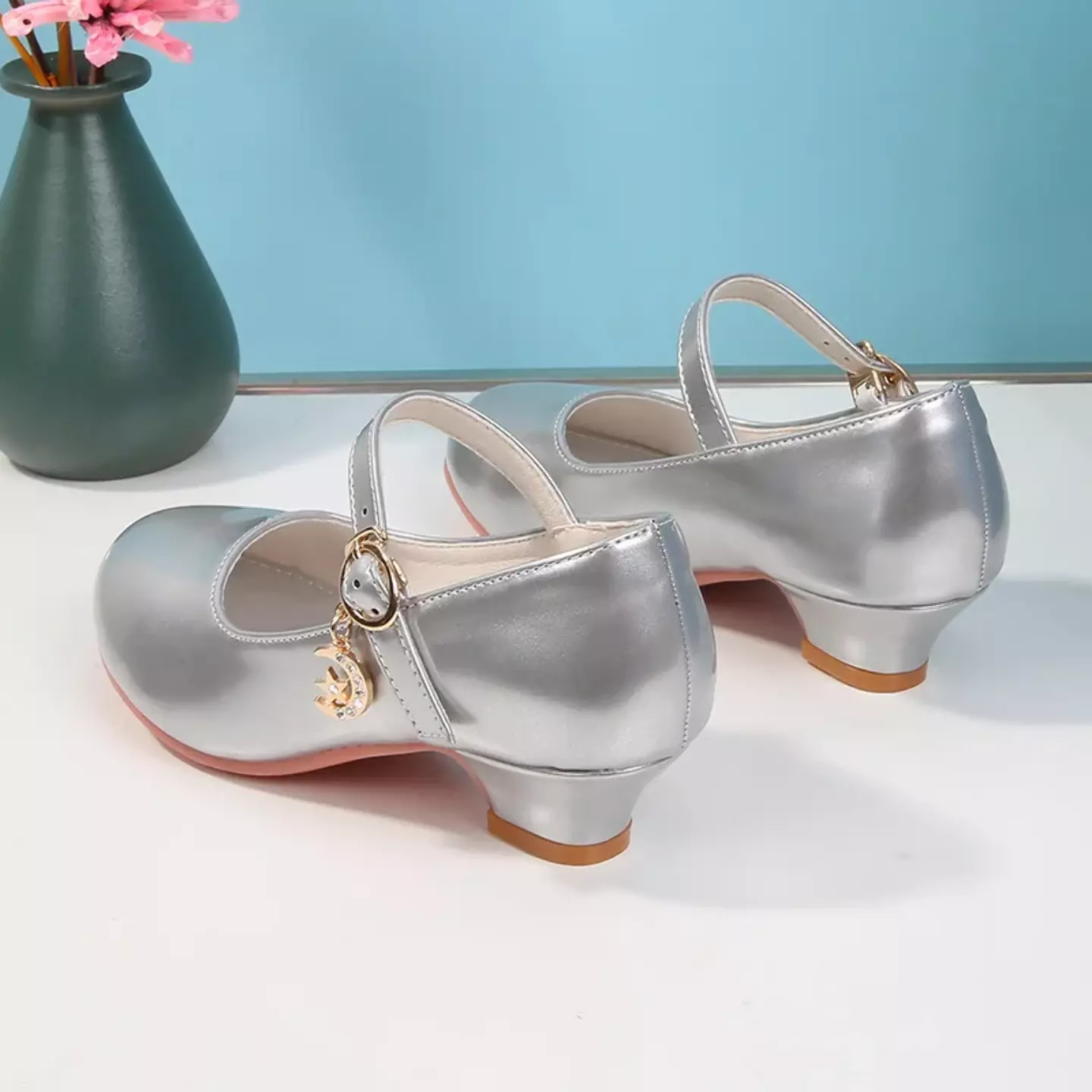 Girls Silver Crescent Moon Charm Block Heel Mary Janes | Lucys 11208