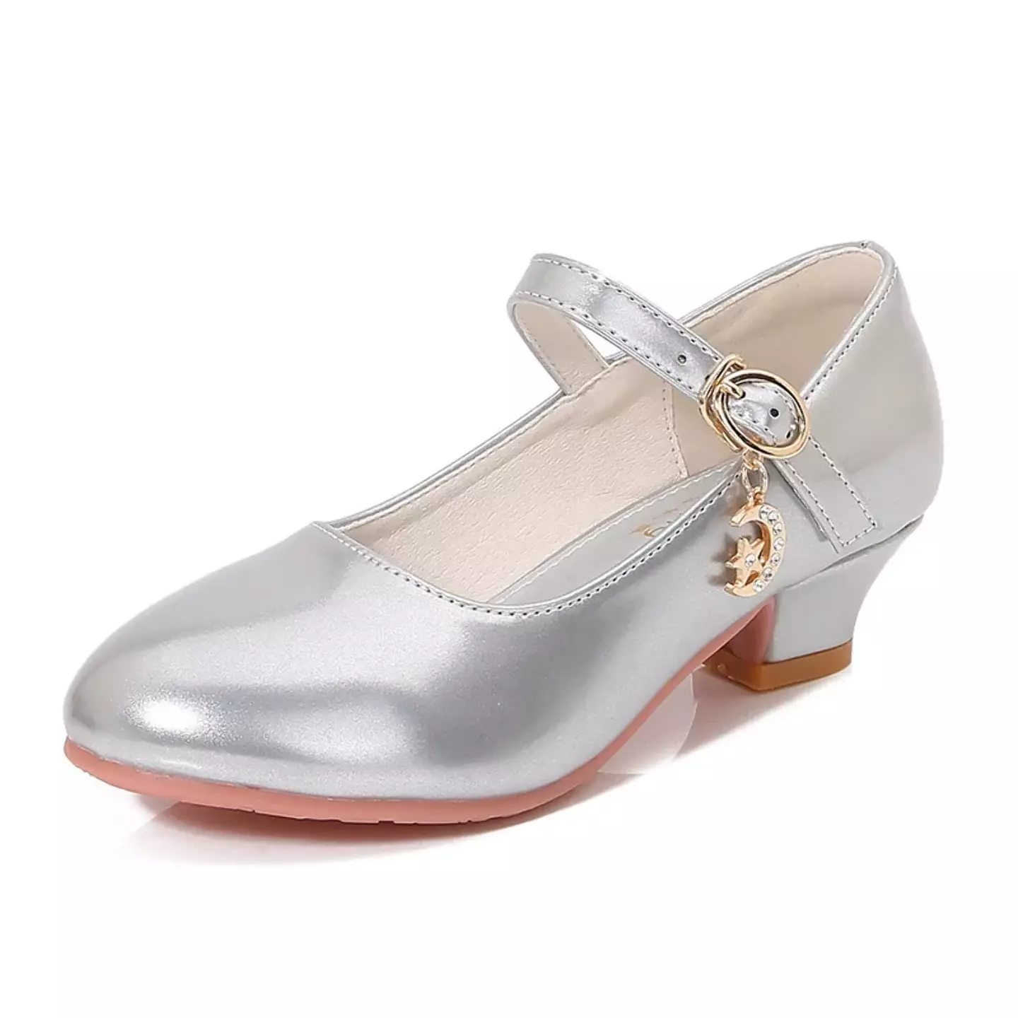 Girls Silver Crescent Moon Charm Block Heel Mary Janes | Lucys 11208