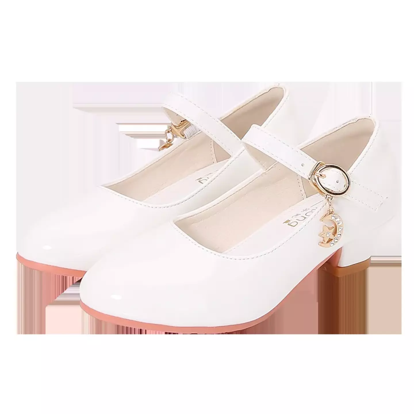 Girls White Crescent Moon Charm Block Heel Mary Janes | Lucys 11212
