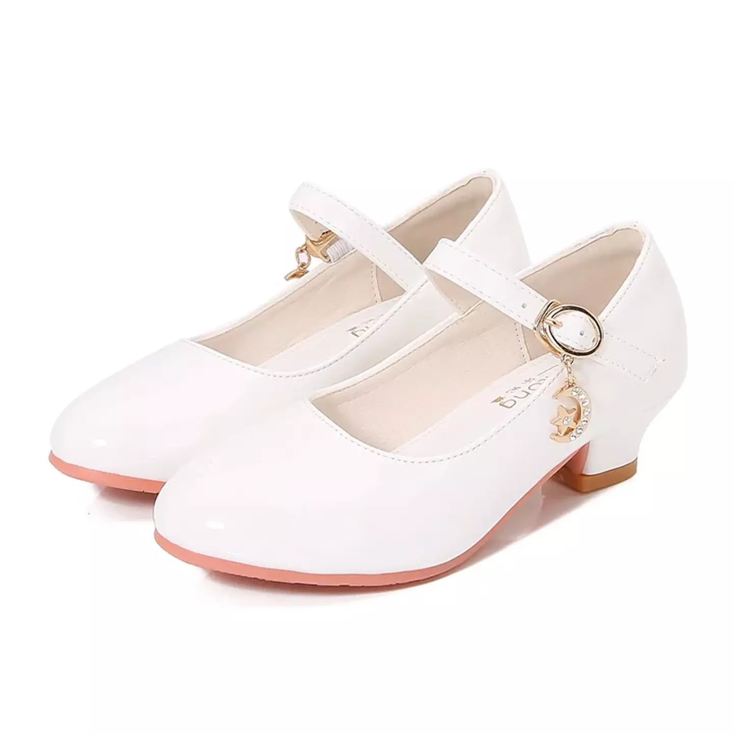 Girls White Crescent Moon Charm Block Heel Mary Janes | Lucys 11212