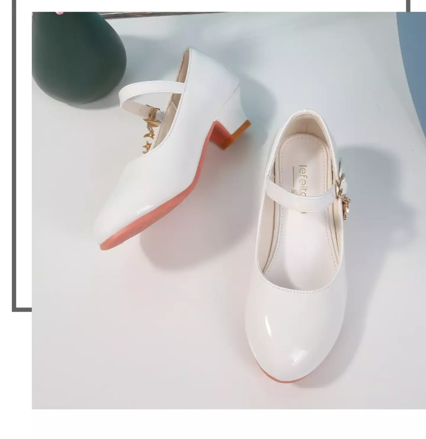 Girls White Crescent Moon Charm Block Heel Mary Janes | Lucys 11212