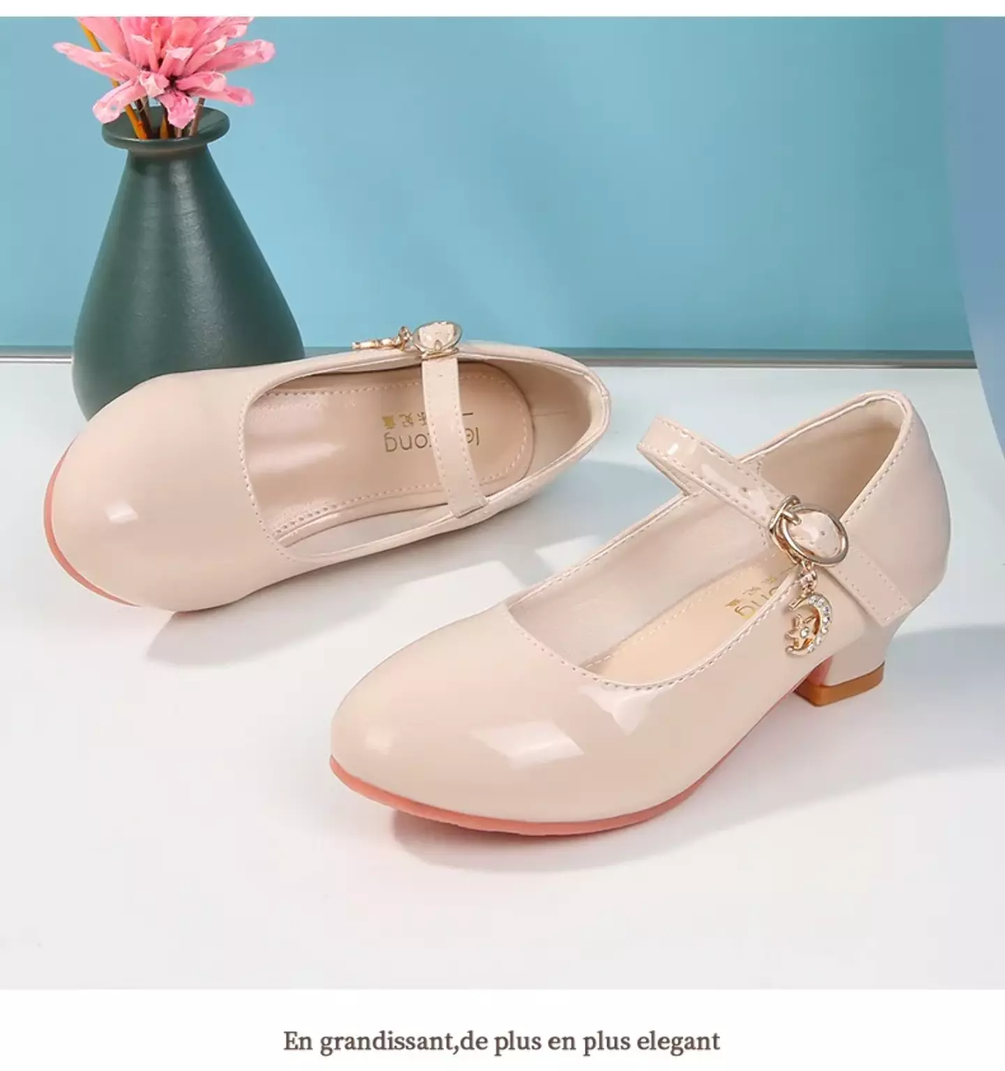 Girls Beige Crescent Moon Charm Block Heel Mary Janes | Lucys 11216