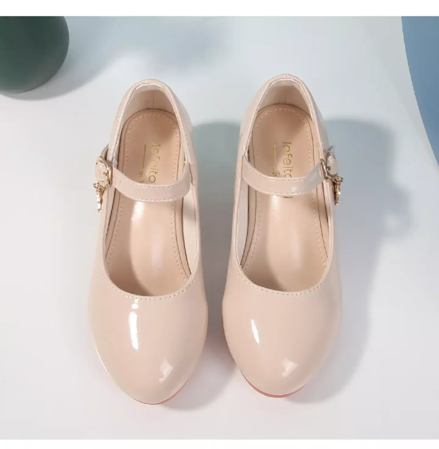Girls Beige Crescent Moon Charm Block Heel Mary Janes | Lucys 11216
