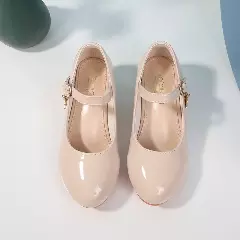 Girls Beige Crescent Moon Charm Block Heel Mary Janes | Lucys 11216