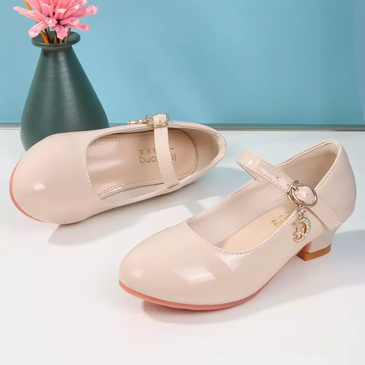 Girls Beige Crescent Moon Charm Block Heel Mary Janes | Lucys 11216