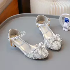 Girls Silver Pearl Arch Bow Block Heel Dress Shoes | Lucys 11232