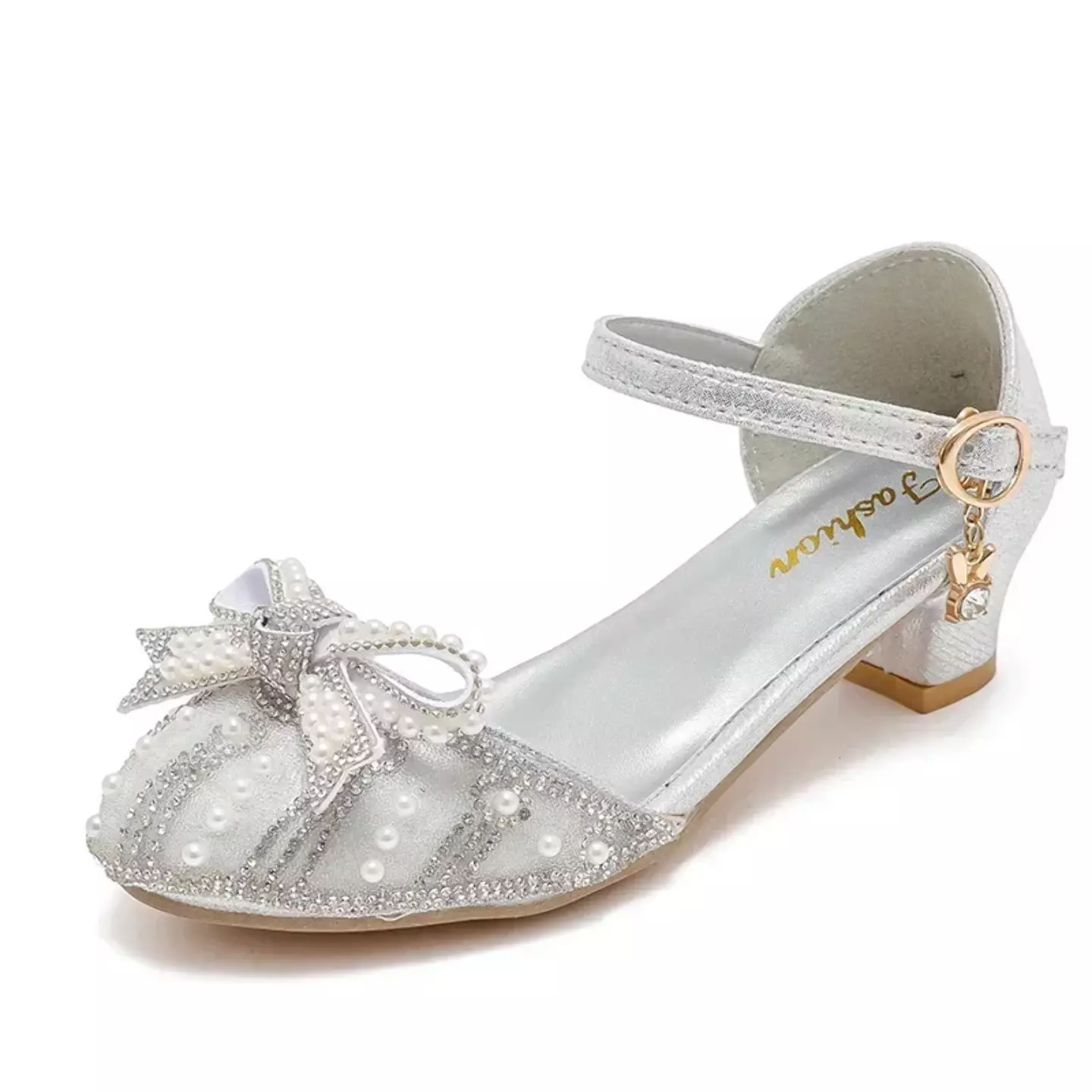 Girls Silver Pearl Arch Bow Block Heel Dress Shoes | Lucys 11232