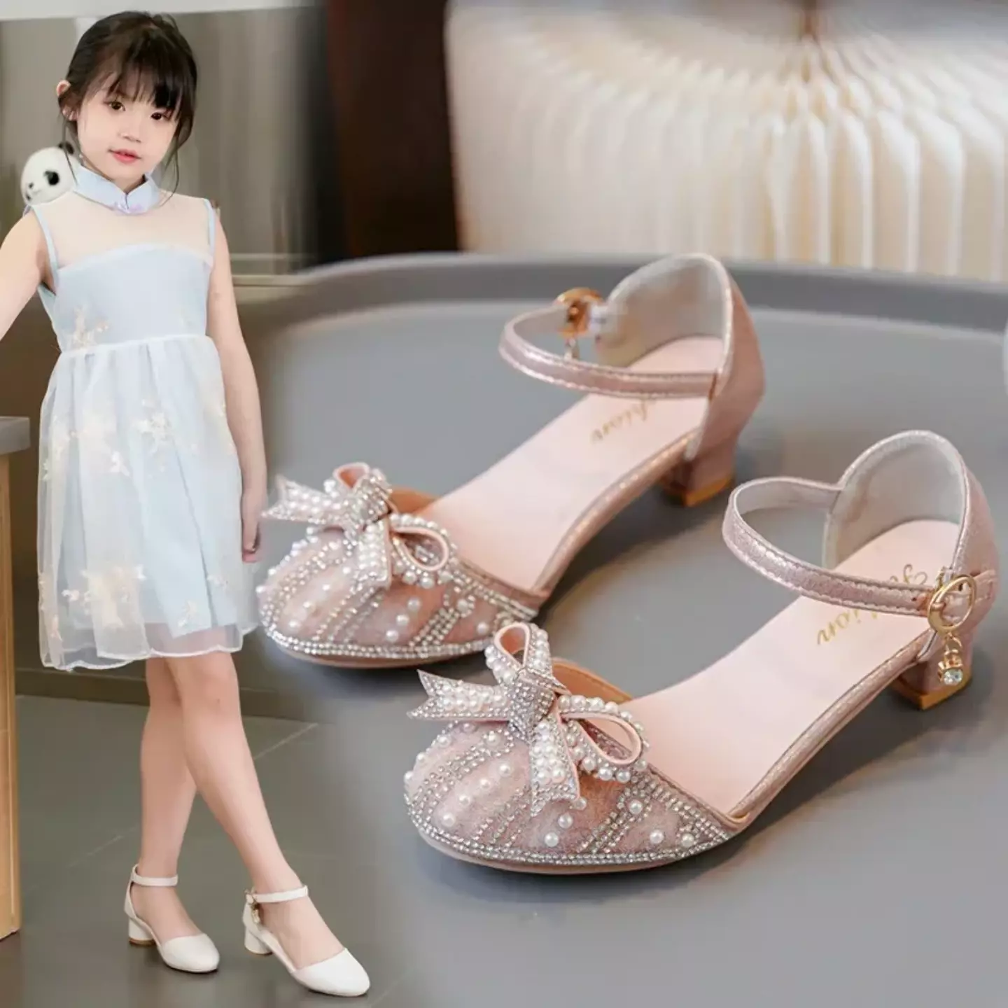 Girls Pink Pearl Arch Bow Block Heel Dress Shoes | Lucys 11233