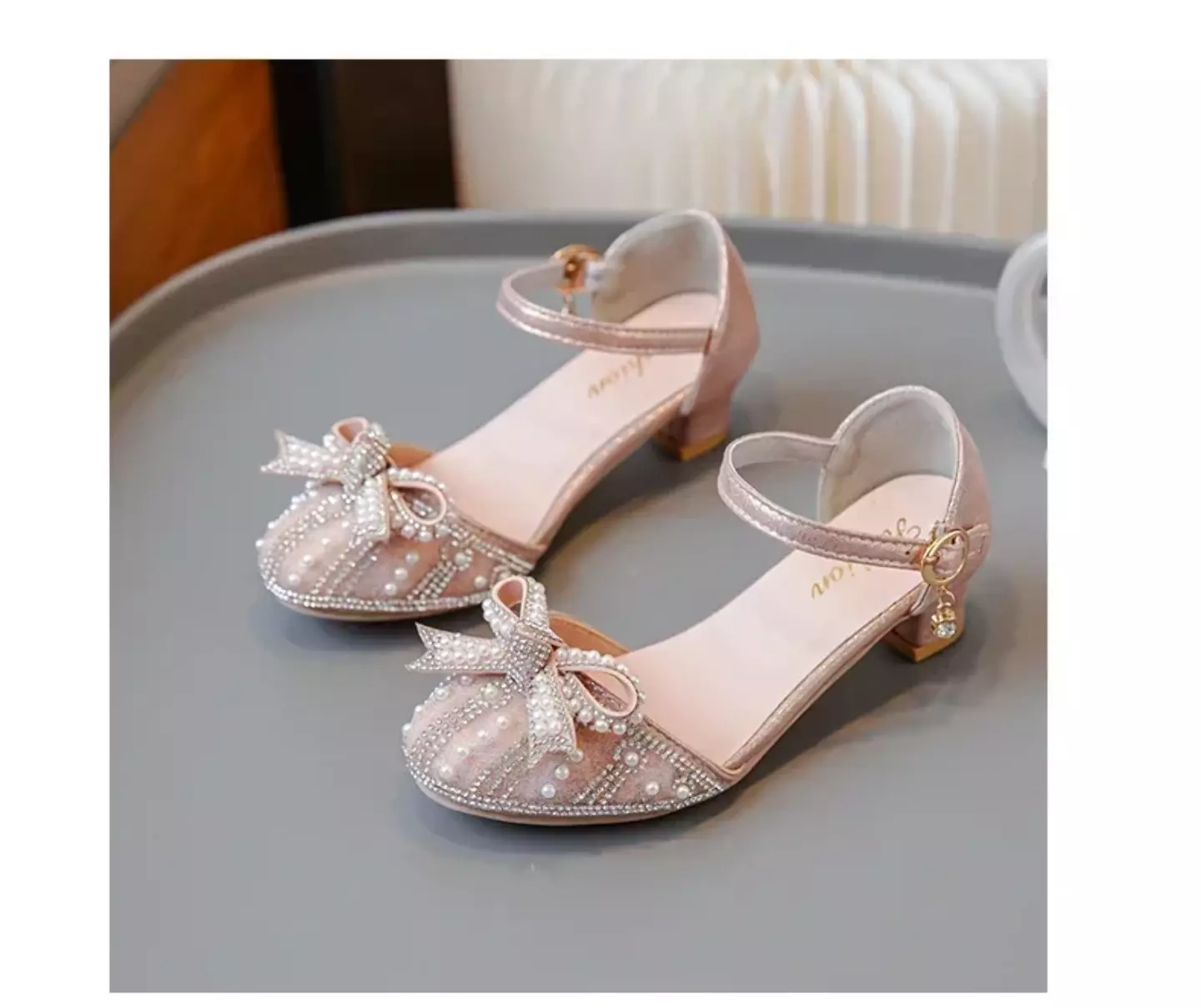 Girls Pink Pearl Arch Bow Block Heel Dress Shoes | Lucys 11233
