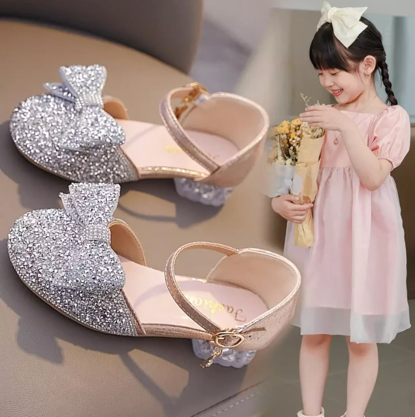 Girls Pink Chain Buckle Glitter Bow Dress Shoes | Lucys 11241
