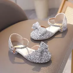 Girls Silver Chain Buckle Glitter Bow Dress Shoes | Lucys 11240