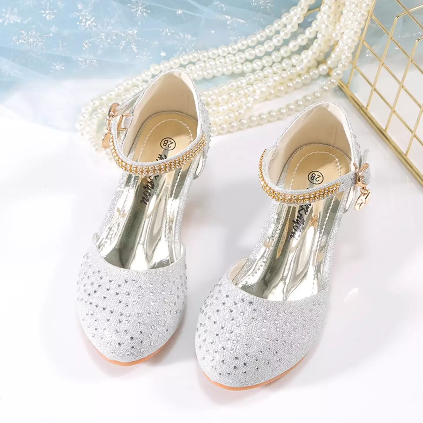 Girls Silver Crystal Dot Gold Buckle Block Heel Shoes | Lucys 11248