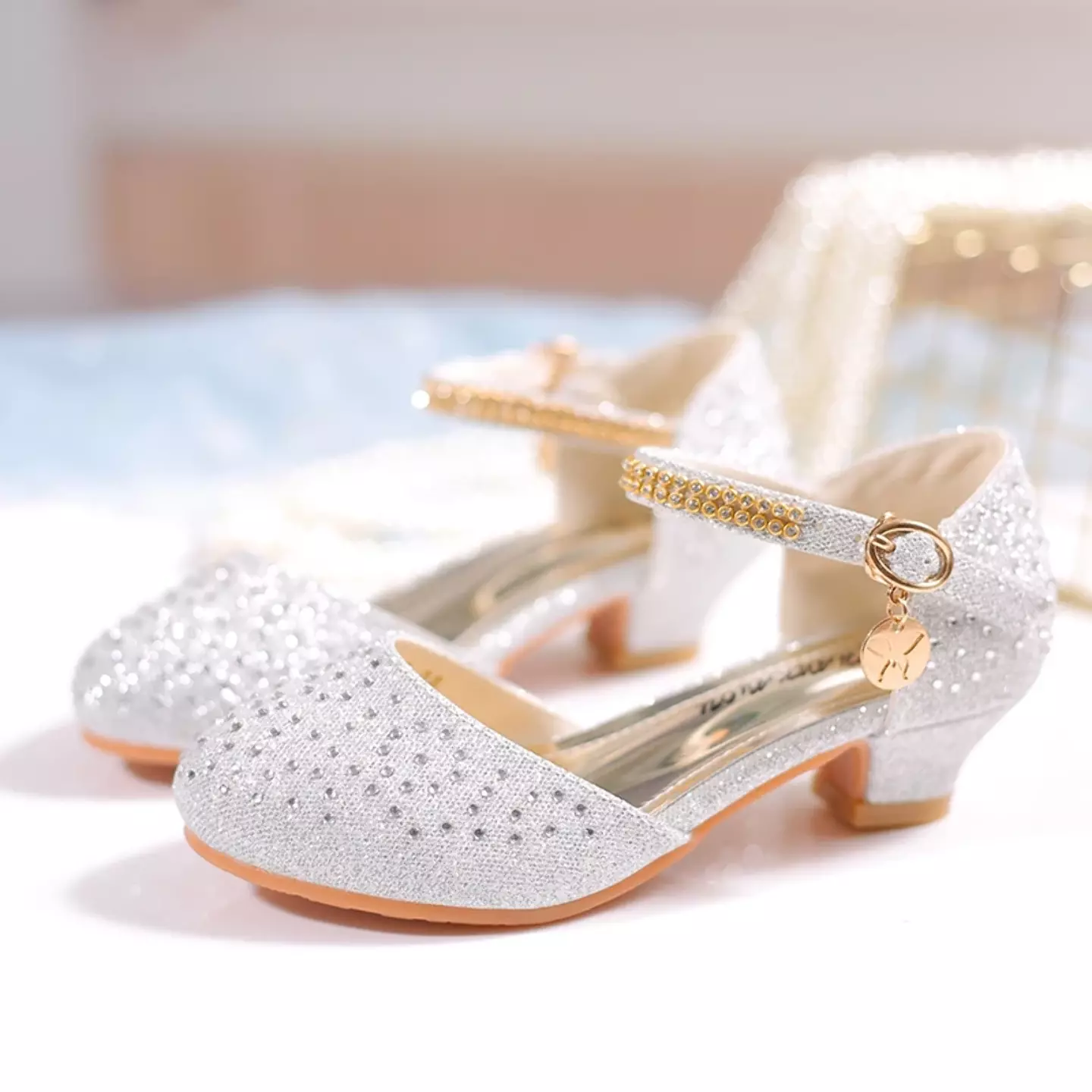 Girls Silver Crystal Dot Gold Buckle Block Heel Shoes | Lucys 11248