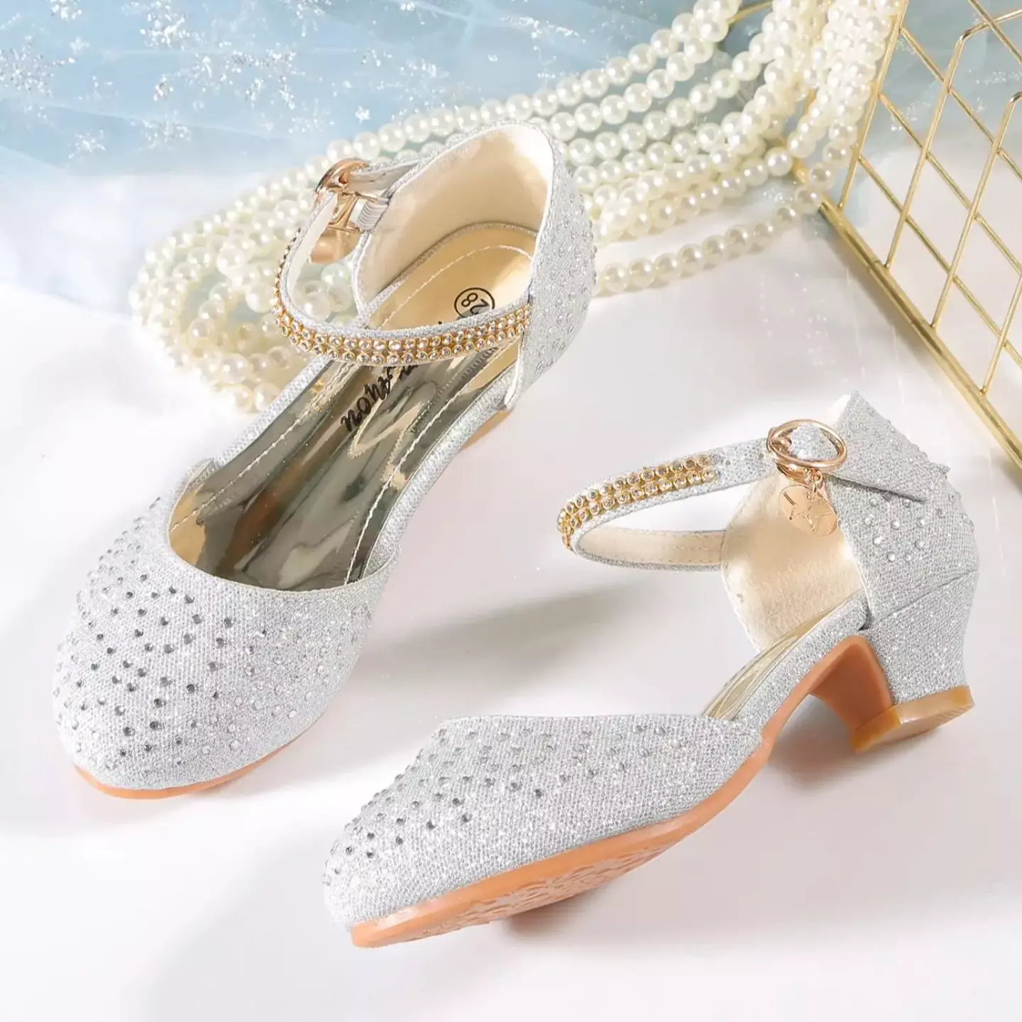 Girls Silver Crystal Dot Gold Buckle Block Heel Shoes | Lucys 11248
