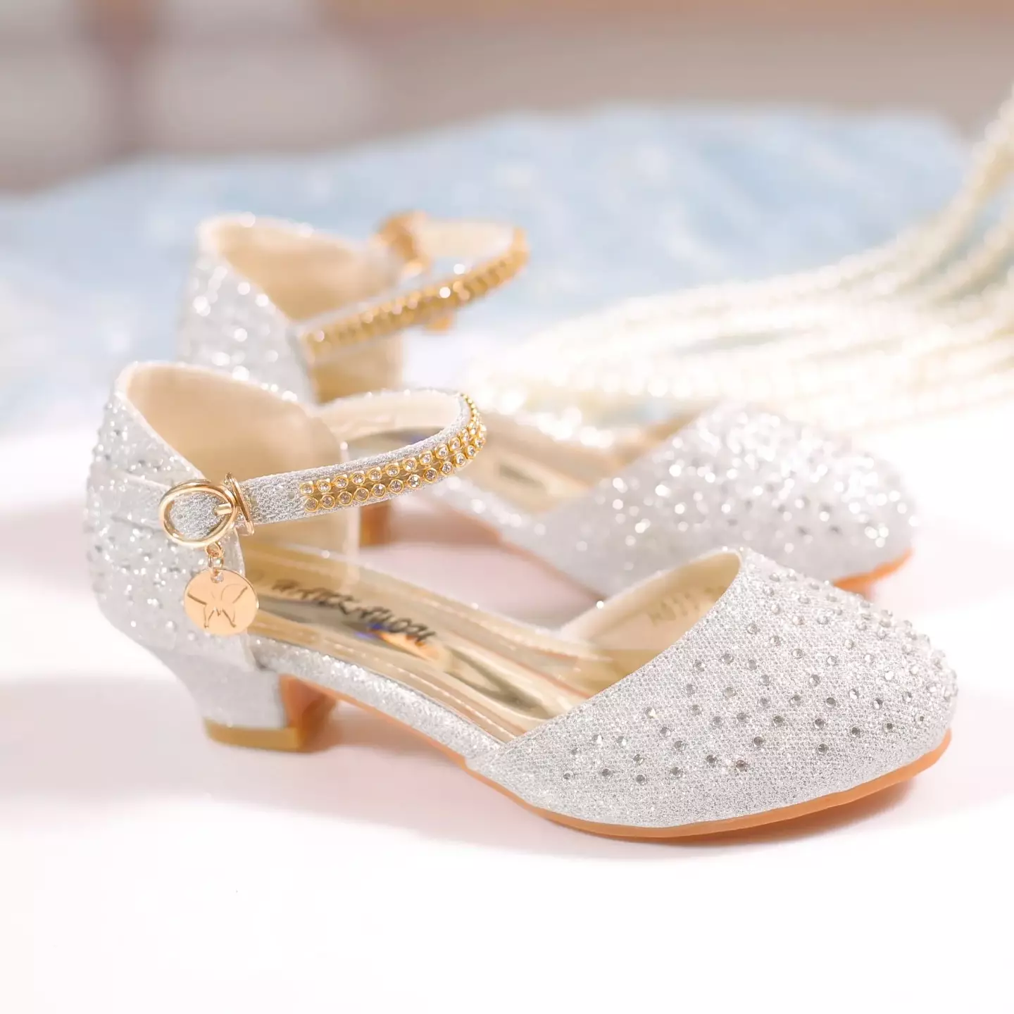 Girls Silver Crystal Dot Gold Buckle Block Heel Shoes | Lucys 11248