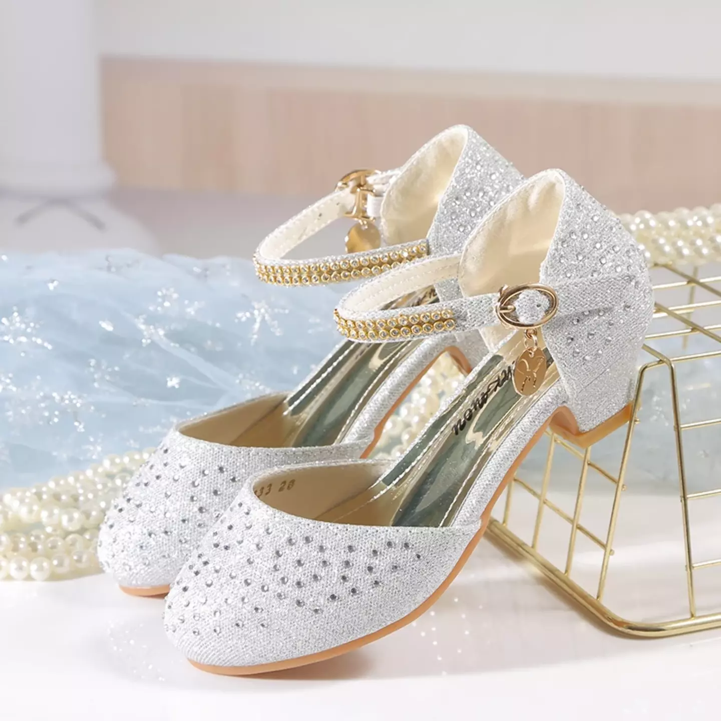 Girls Silver Crystal Dot Gold Buckle Block Heel Shoes | Lucys 11248