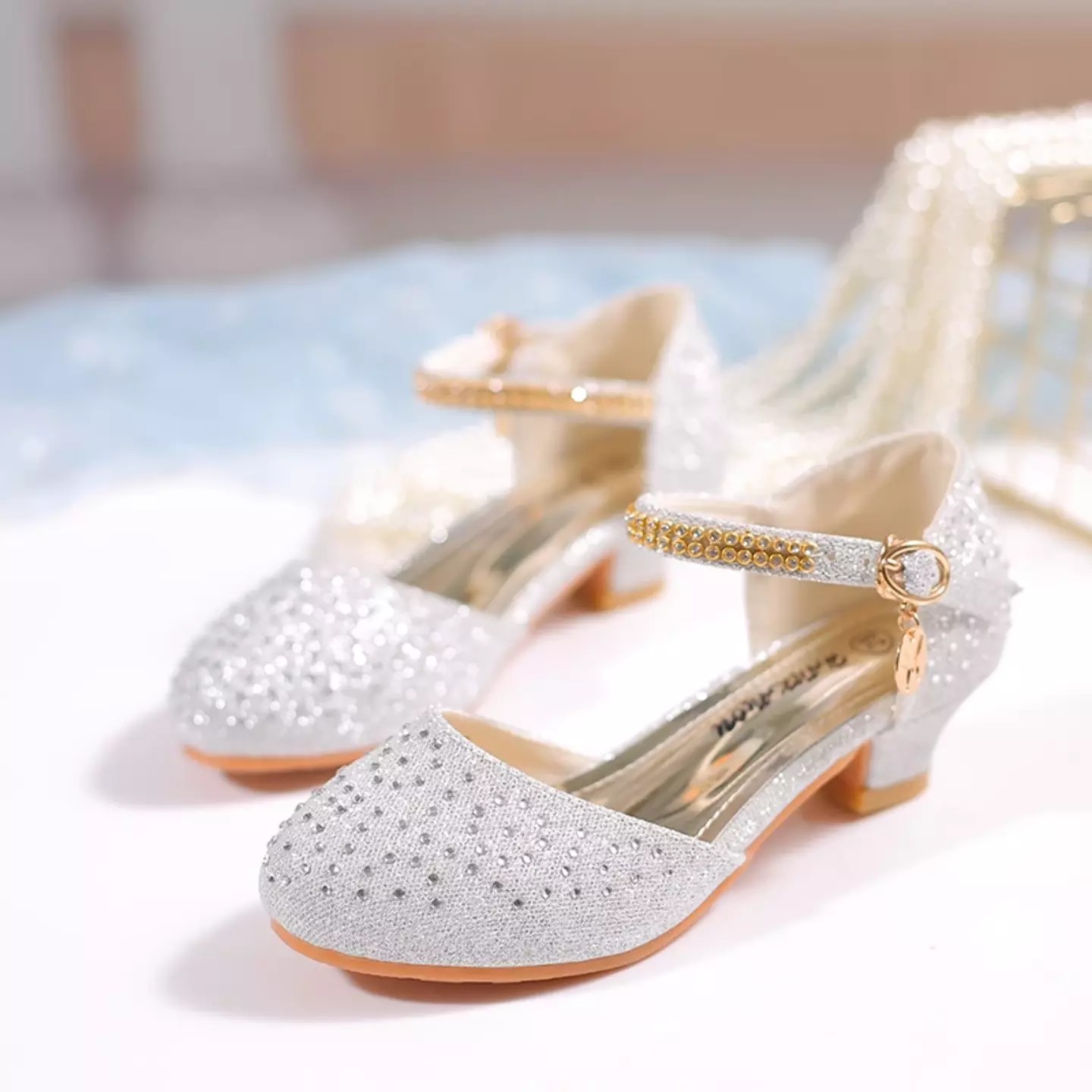 Girls Silver Crystal Dot Gold Buckle Block Heel Shoes | Lucys 11248