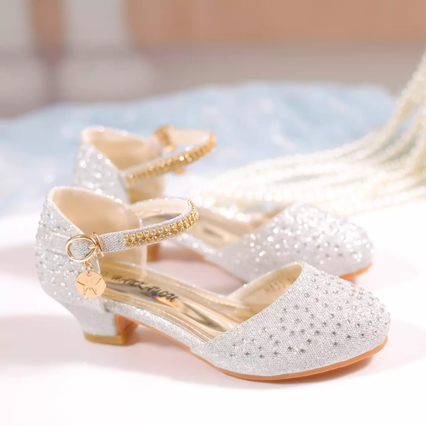 Girls Silver Crystal Dot Gold Buckle Block Heel Shoes | Lucys 11248