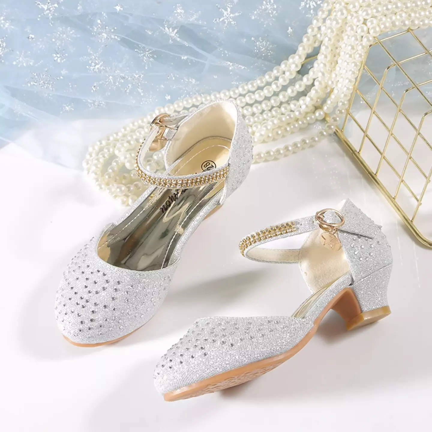 Girls Silver Crystal Dot Gold Buckle Block Heel Shoes | Lucys 11248