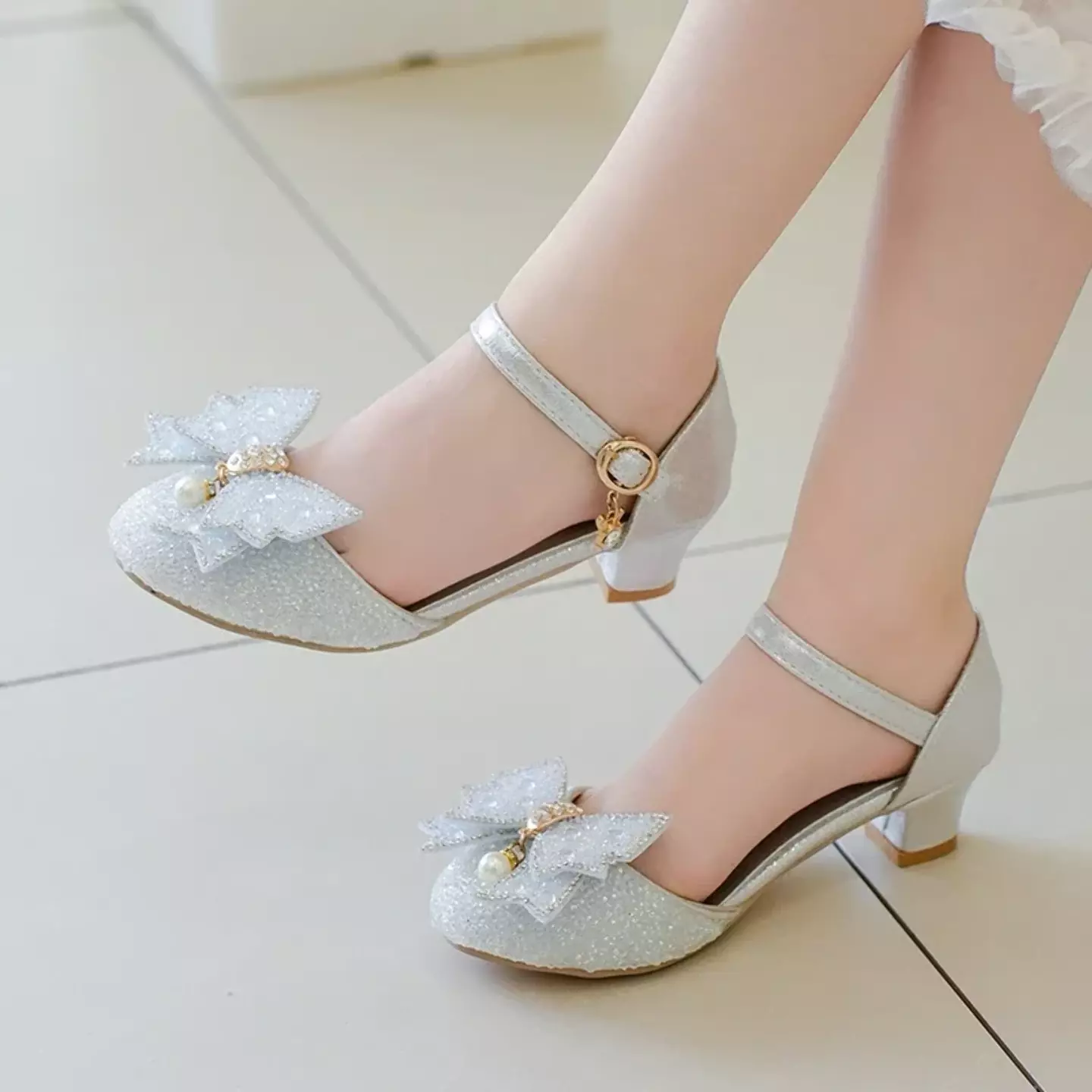 Girls Silver Pearl Drop Bow Ring Buckle Dress Shoes | Lucys 11253