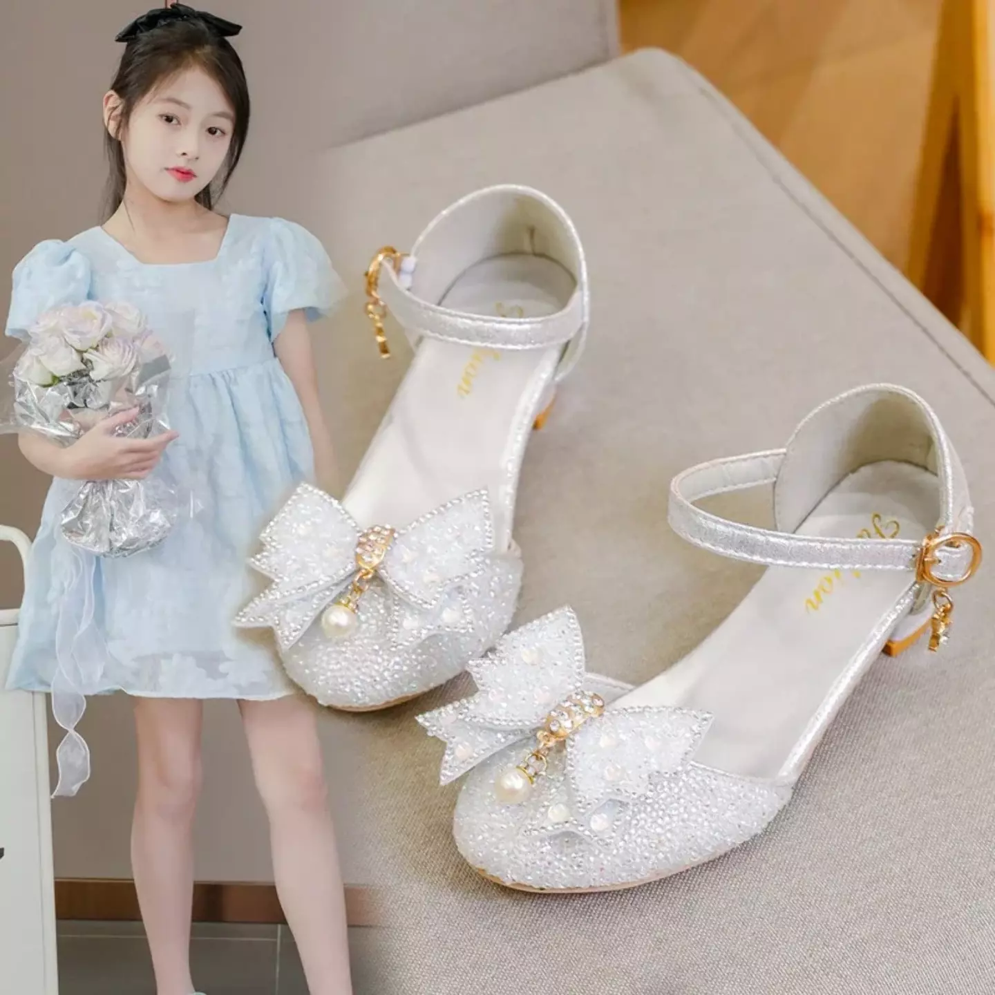 Girls Silver Pearl Drop Bow Ring Buckle Dress Shoes | Lucys 11253