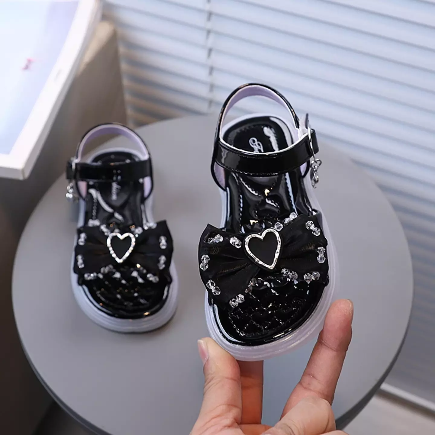 Baby, Toddler & Young Girls Black Heart Plaque Ruched Bow Party Shoes | Lucys 11266
