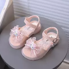 Baby, Toddler & Young Girls Peach Pink Ruffled Bow Beaded Platform Sandals | Lucys 11293
