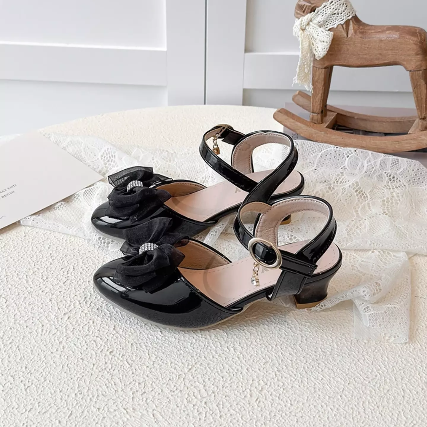 Girls Black Sheer Bow Block Heel Slingbacks | Lucys 11046