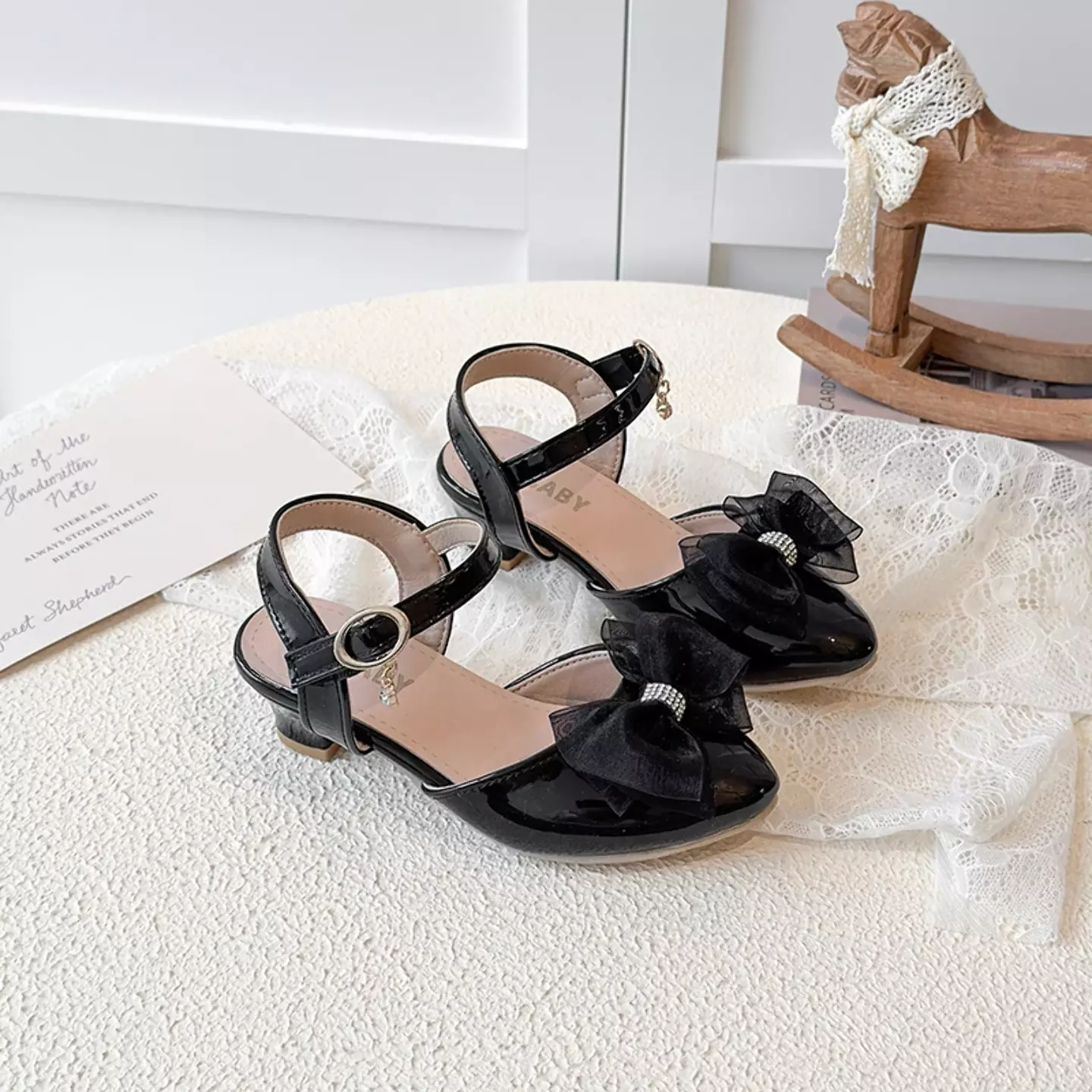 Girls Black Sheer Bow Block Heel Slingbacks | Lucys 11046