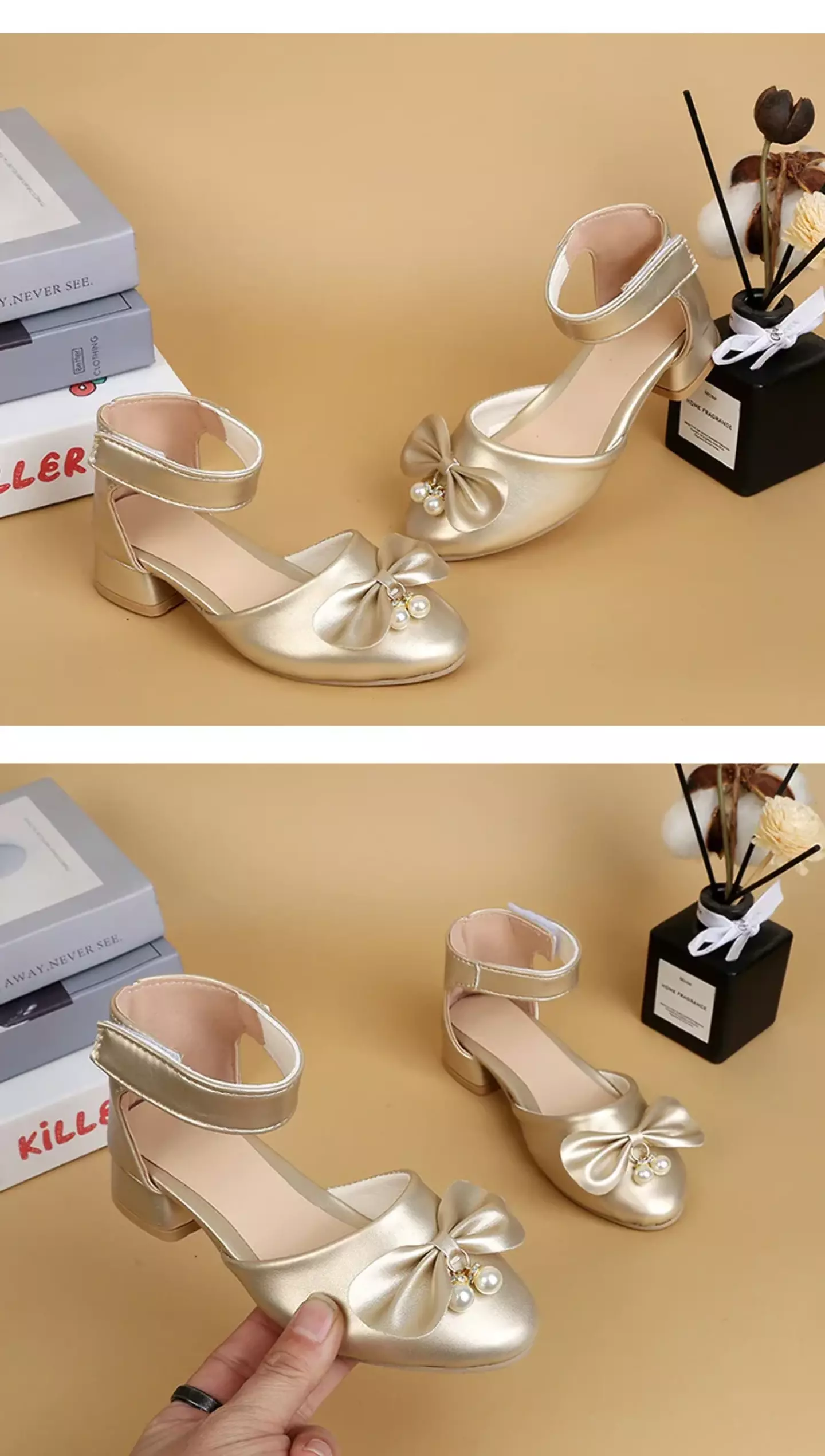Young Girls & Girls Gold Pearl Cluster Bow Ankle Band Dress Shoes | Lucys 11330