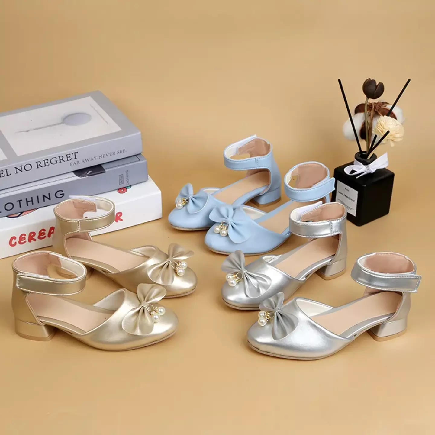 Young Girls & Girls Light Blue Pearl Cluster Bow Ankle Band Dress Shoes | Lucys 11329