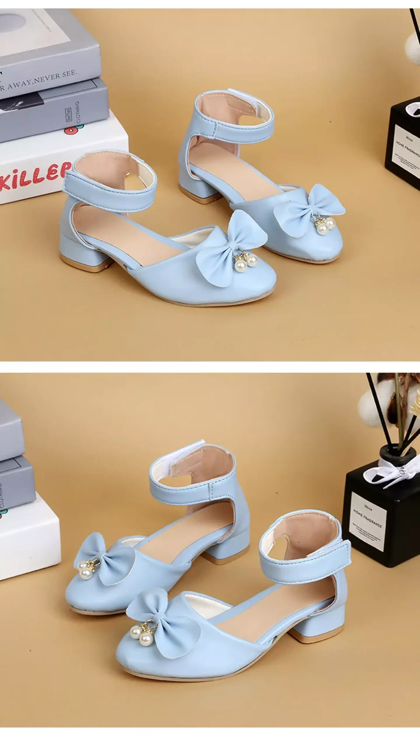 Young Girls & Girls Light Blue Pearl Cluster Bow Ankle Band Dress Shoes | Lucys 11329