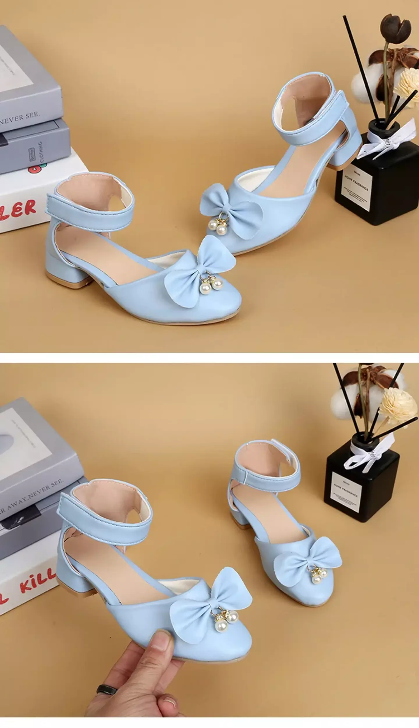 Young Girls & Girls Light Blue Pearl Cluster Bow Ankle Band Dress Shoes | Lucys 11329