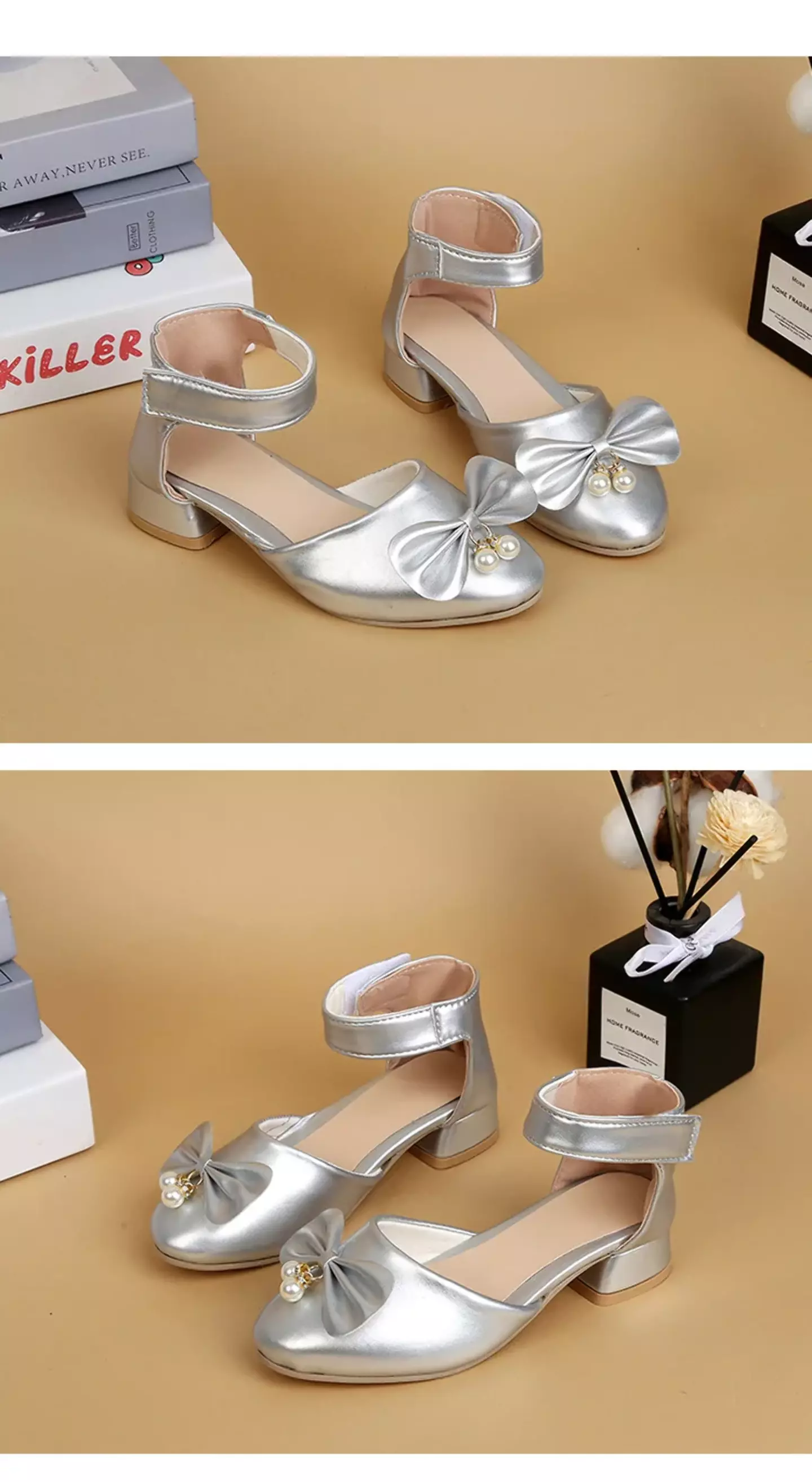 Young Girls & Girls Silver Pearl Cluster Bow Ankle Band Dress Shoes | Lucys 11328
