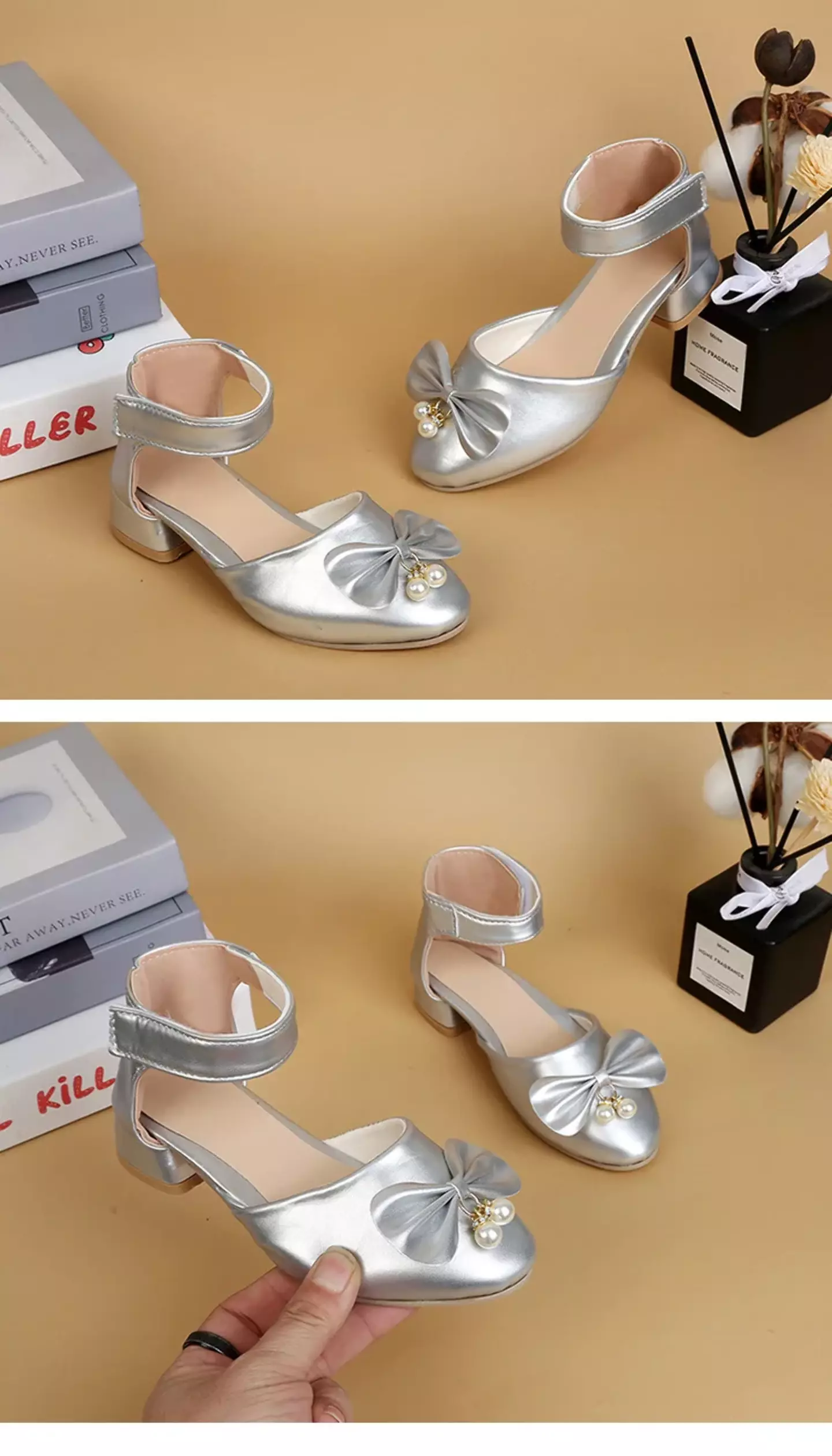 Young Girls & Girls Silver Pearl Cluster Bow Ankle Band Dress Shoes | Lucys 11328