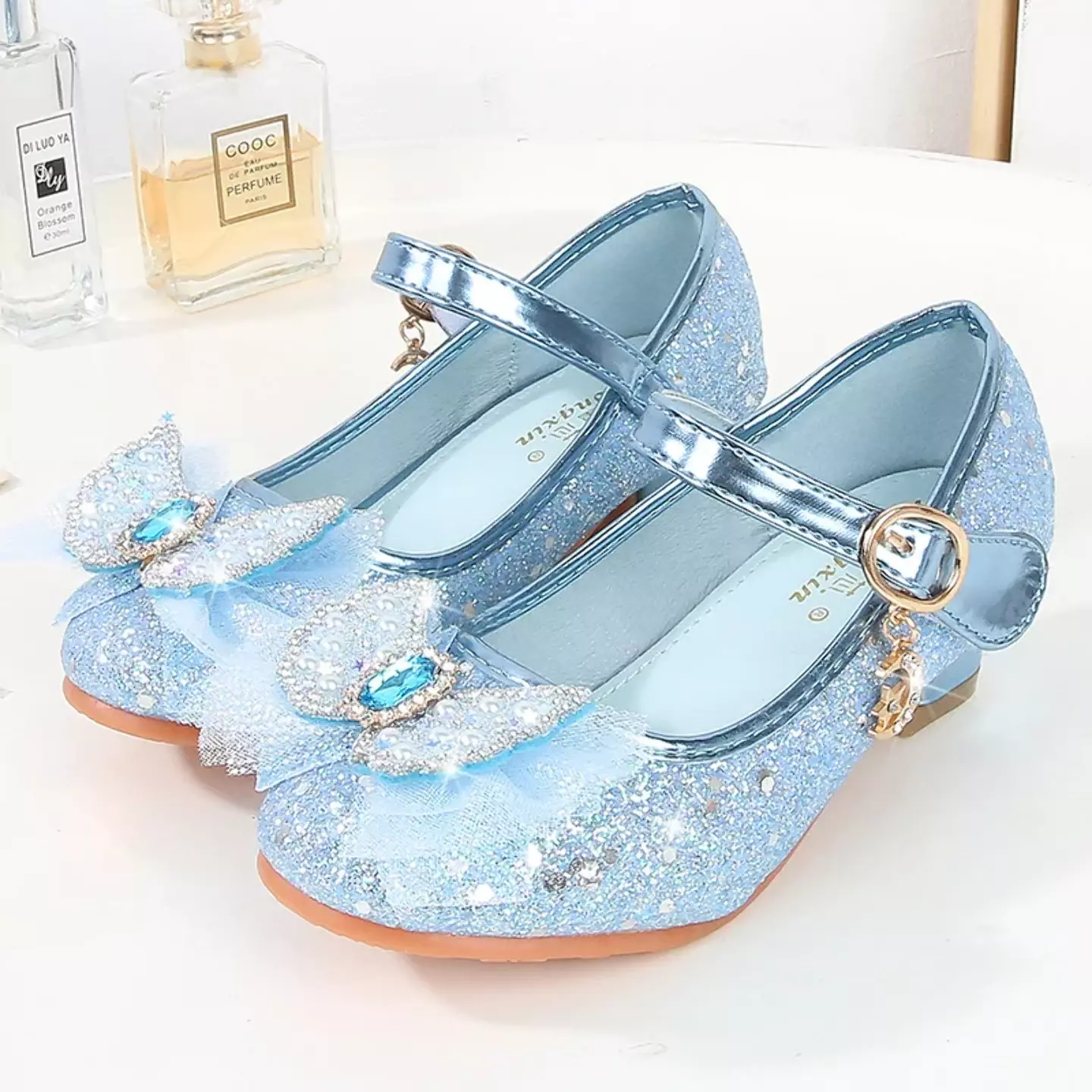 Young Girls & Girls Light Blue Dangling Charm Glitter Bow Mary Janes | Lucys 11341