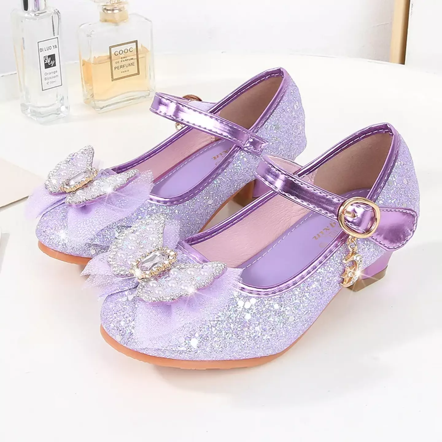 Young Girls & Girls Lavender Dangling Charm Glitter Bow Mary Janes | Lucys 11337