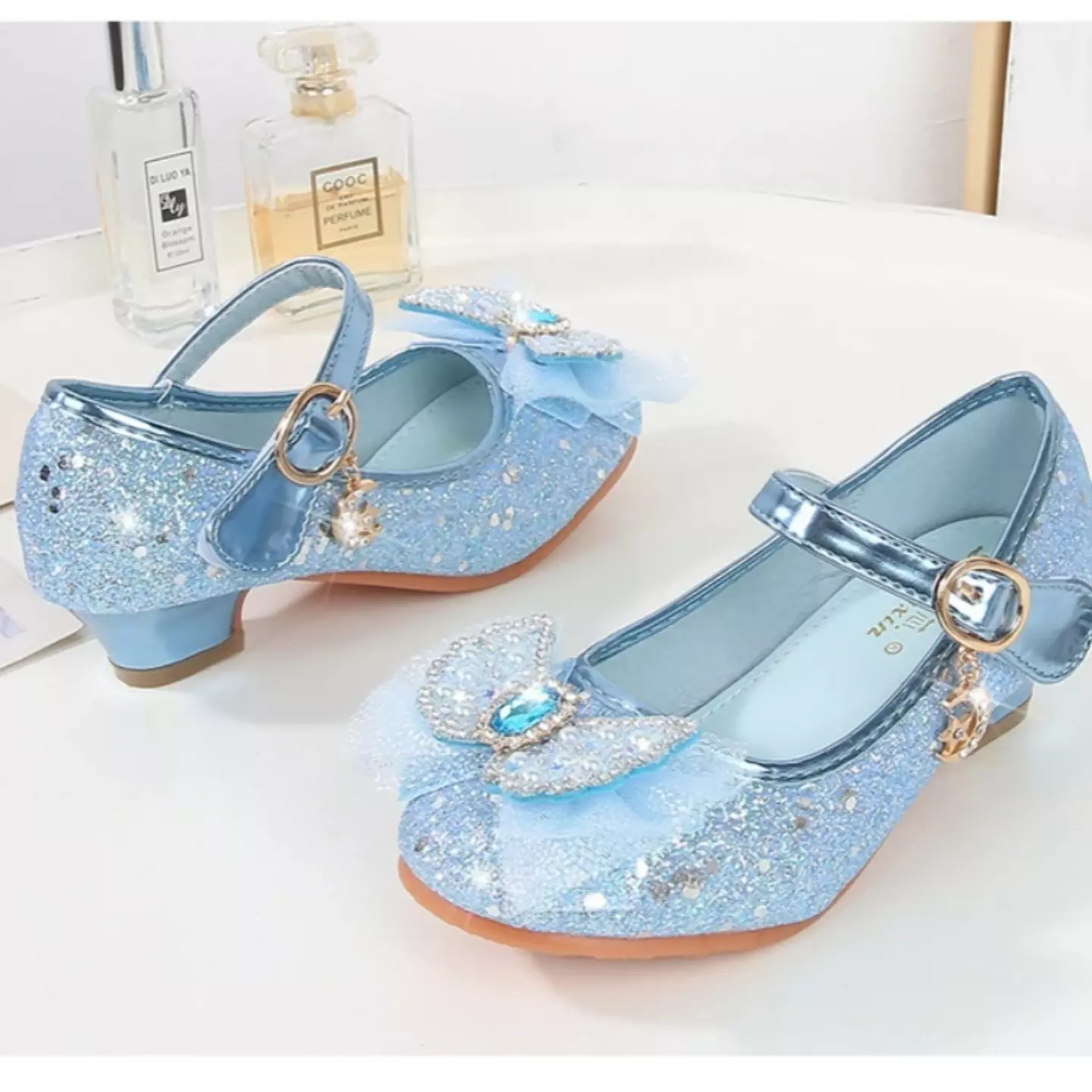 Young Girls & Girls Light Blue Dangling Charm Glitter Bow Mary Janes | Lucys 11341