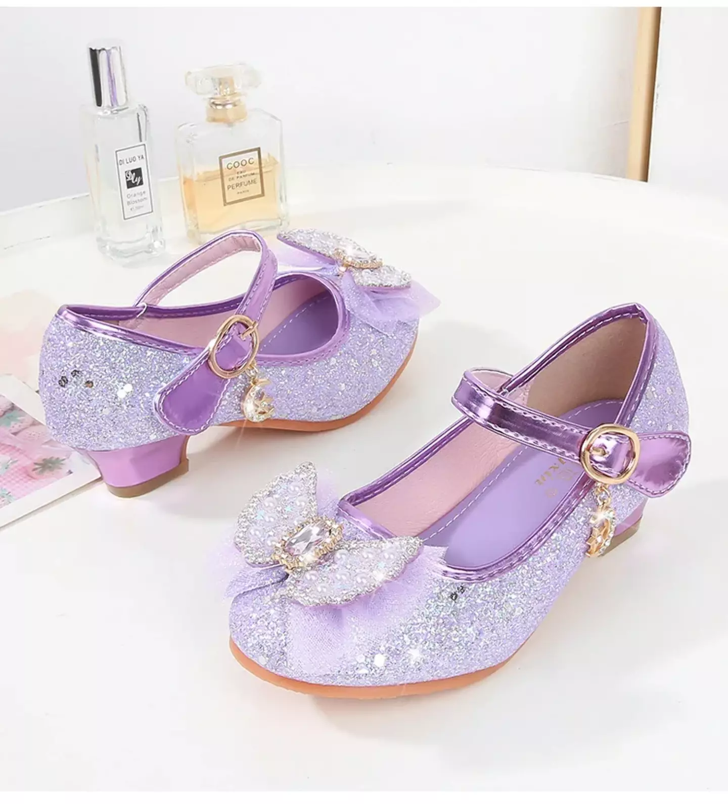 Young Girls & Girls Lavender Dangling Charm Glitter Bow Mary Janes | Lucys 11337
