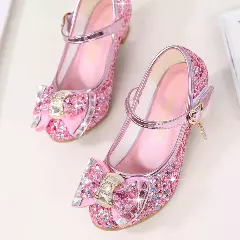 Young Girls & Girls Pink Baguette Stone Bow Charm Strap Dress Shoes | Lucys 11345