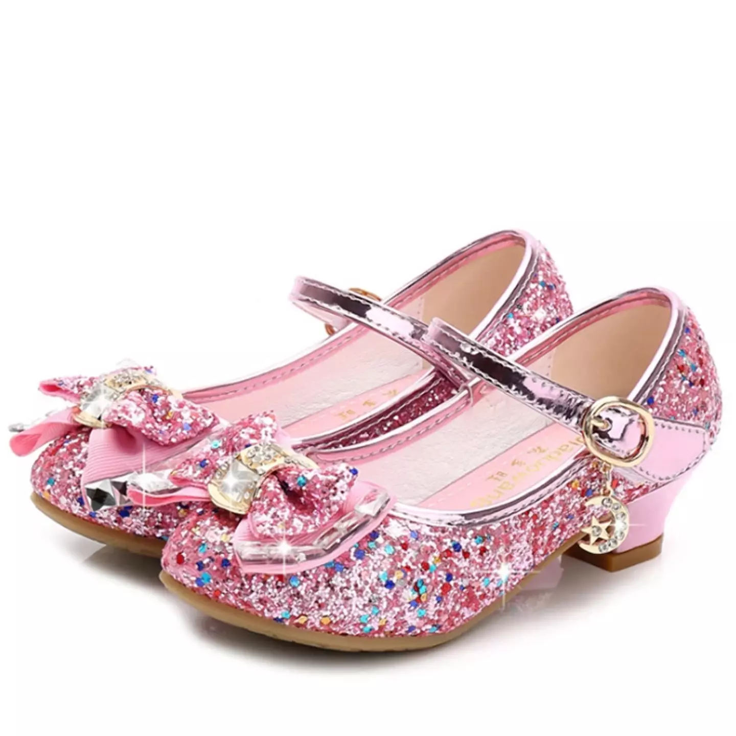 Young Girls & Girls Pink Baguette Stone Bow Charm Strap Dress Shoes | Lucys 11345
