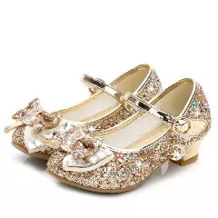 Young Girls & Girls Gold Baguette Stone Bow Charm Strap Dress Shoes | Lucys 11346