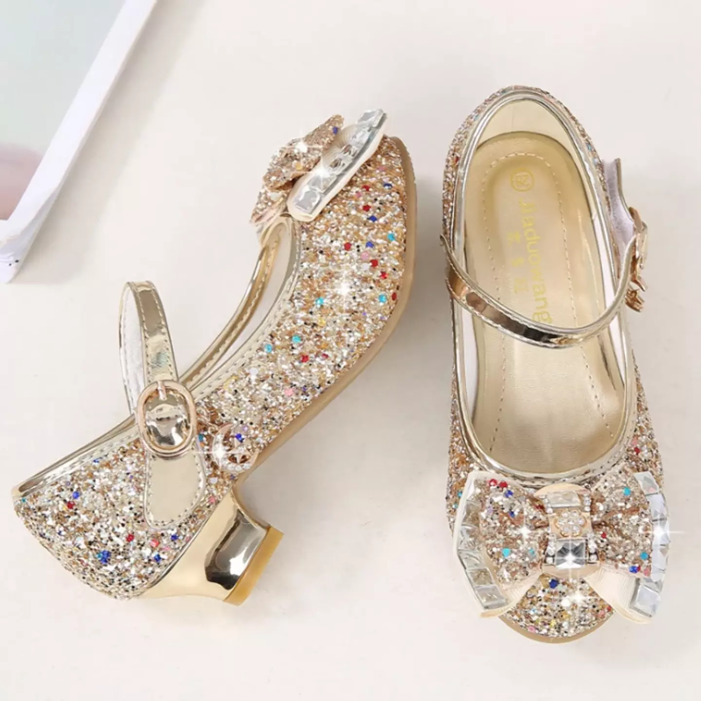 Young Girls & Girls Gold Baguette Stone Bow Charm Strap Dress Shoes | Lucys 11346