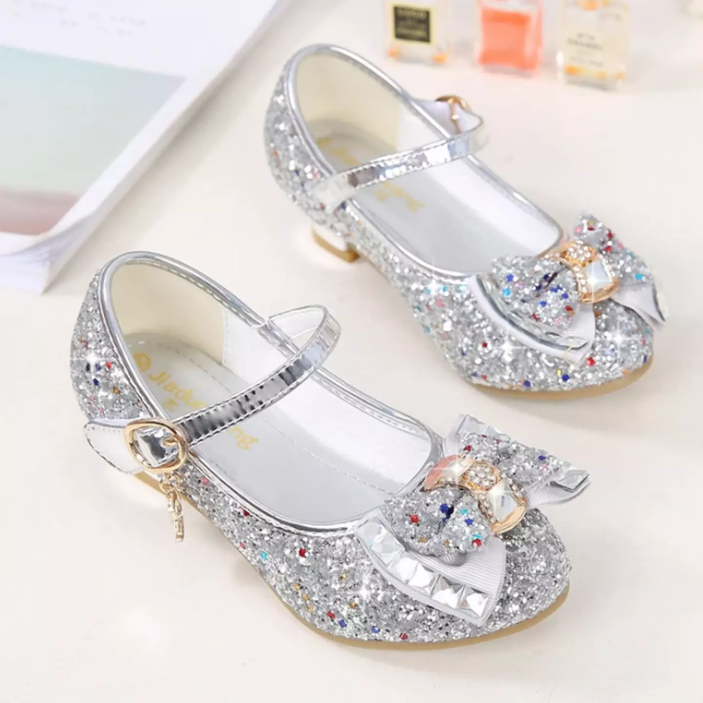 Young Girls & Girls Silver Baguette Stone Bow Charm Strap Dress Shoes | Lucys 11348