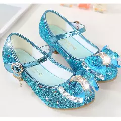 Young Girls & Girls Blue Baguette Stone Bow Charm Strap Dress Shoes | Lucys 11349