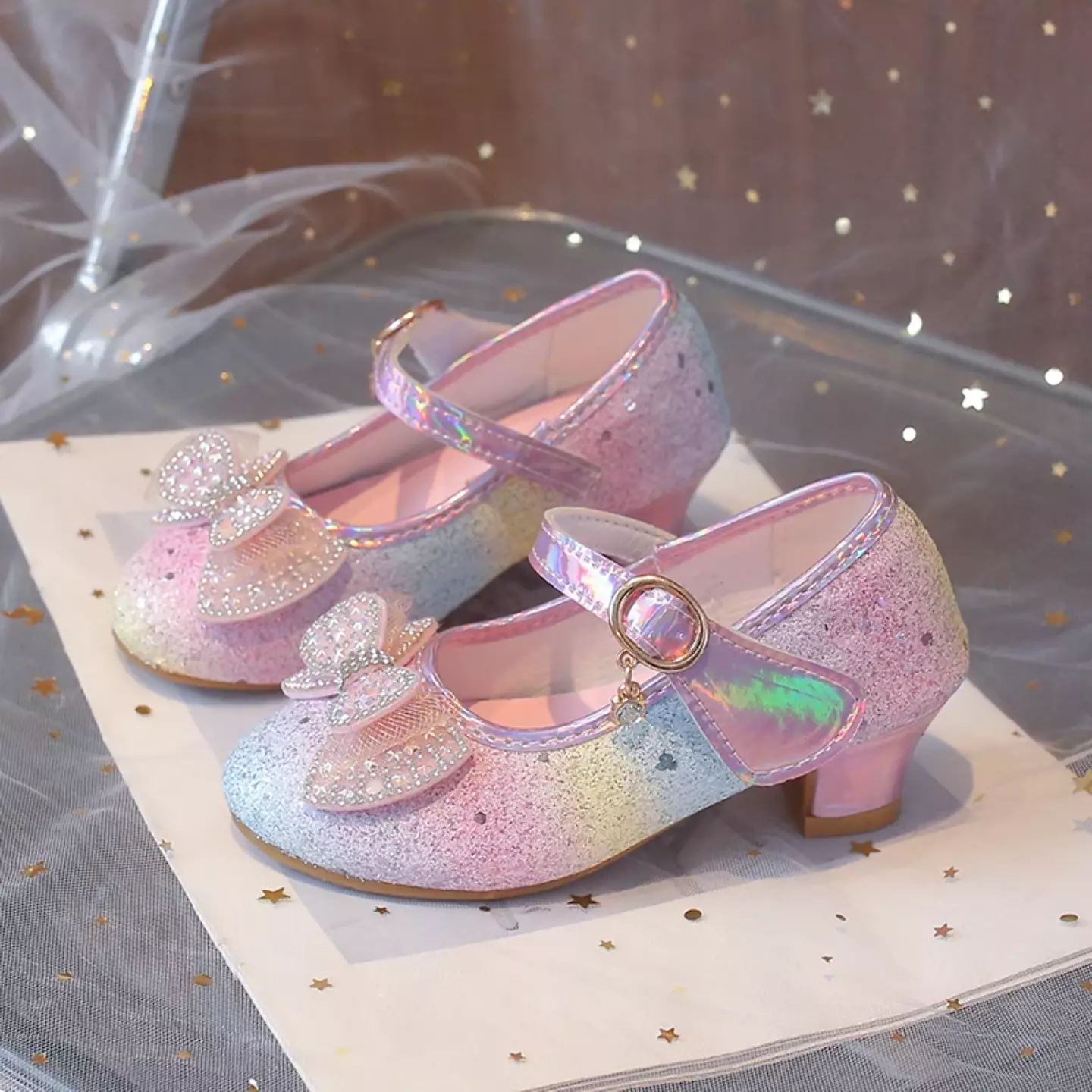 Young Girls & Girls Rainbow Glitter Bow Strap Dress Shoes | Lucys 11381