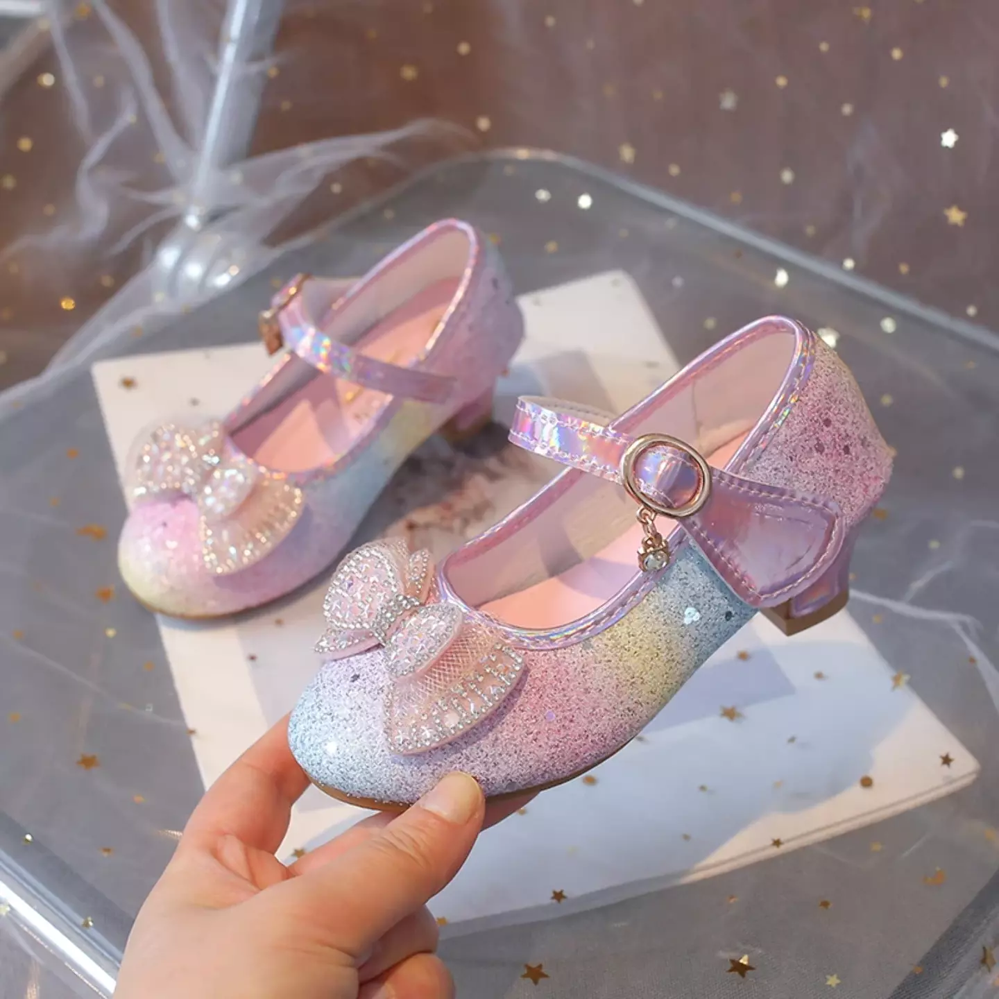 Young Girls & Girls Rainbow Glitter Bow Strap Dress Shoes | Lucys 11381